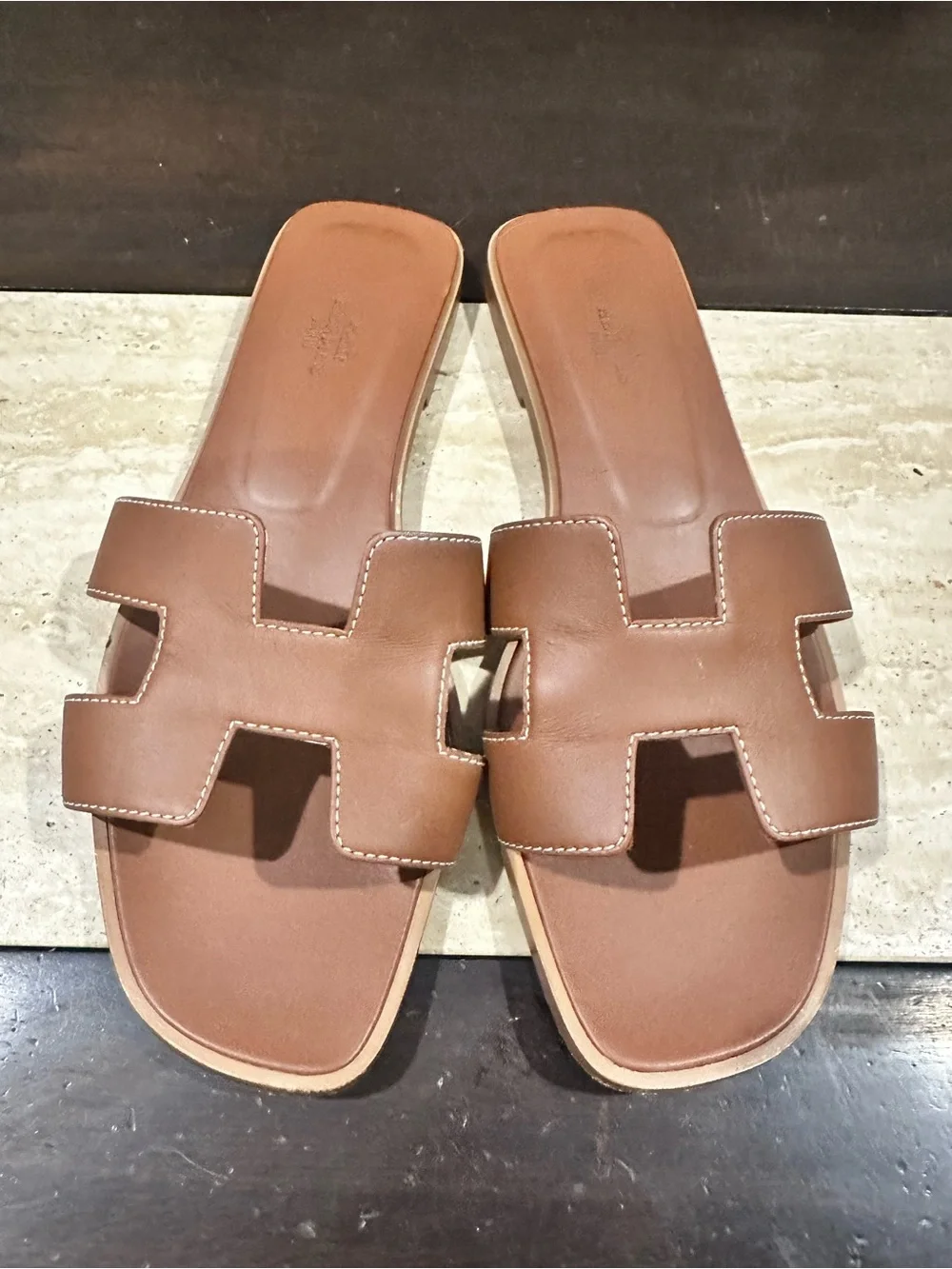 Authentic Used Hermes Oran Sandal in Gold, Size 39.5